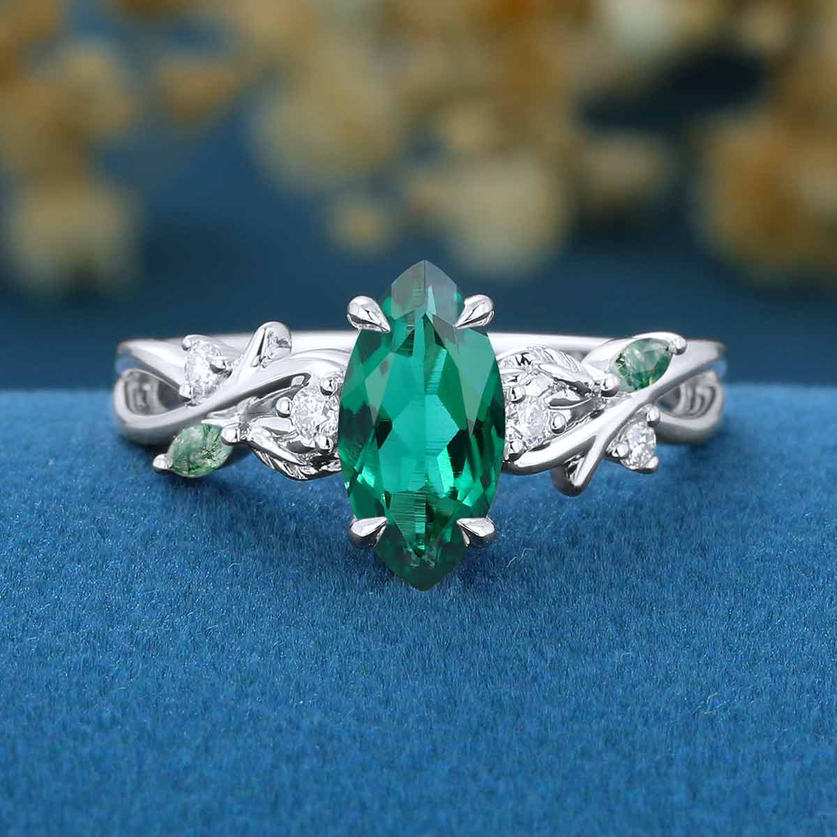 Nature Inspired Marquise Lab Emerald Engagement Ring Leaf Branch Moss Agate ring