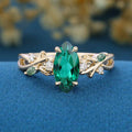 Nature Inspired Marquise Lab Emerald Engagement Ring Leaf Branch Moss Agate ring