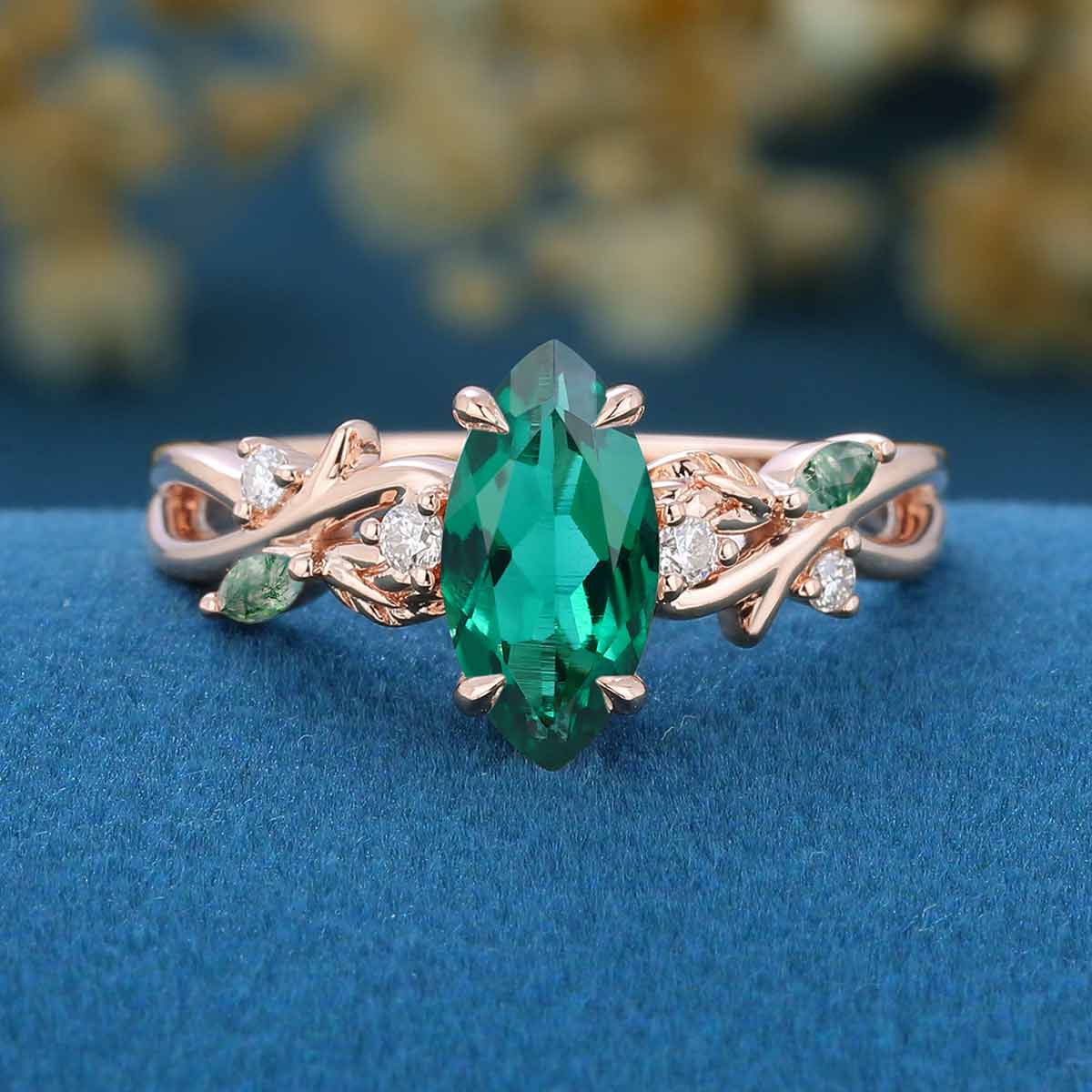 Nature Inspired Marquise Lab Emerald Engagement Ring Leaf Branch Moss Agate ring