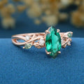 Nature Inspired Marquise Lab Emerald Engagement Ring Leaf Branch Moss Agate ring