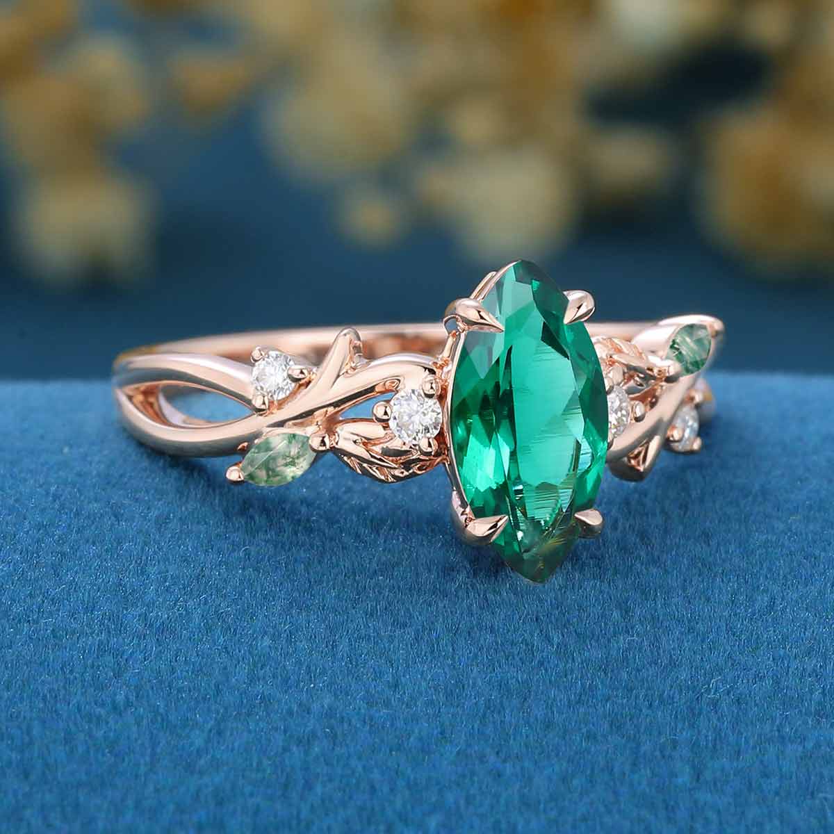 Nature Inspired Marquise Lab Emerald Engagement Ring Leaf Branch Moss Agate ring