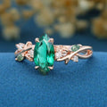 Nature Inspired Marquise Lab Emerald Engagement Ring Leaf Branch Moss Agate ring