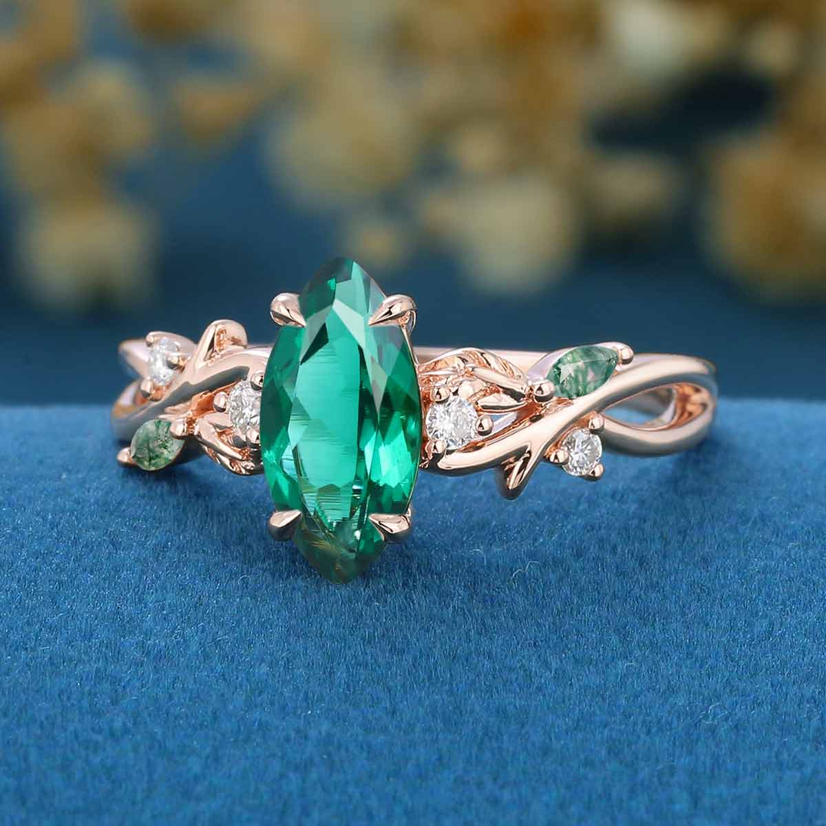 Nature Inspired Marquise Lab Emerald Engagement Ring Leaf Branch Moss Agate ring