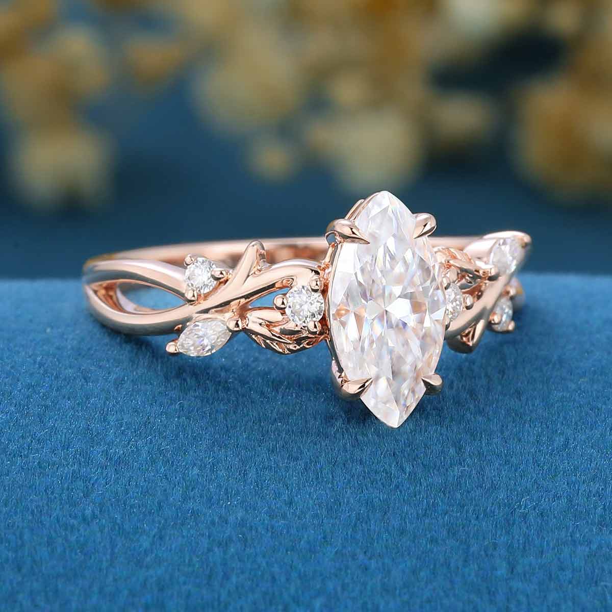 Nature Inspired Marquise Moissanite Engagement Ring Leaf Branch Moss Agate  ring