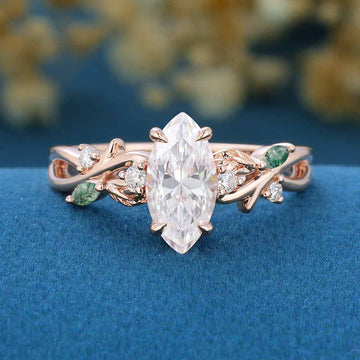 Nature Inspired Marquise Moissanite Engagement Ring Leaf Branch Moss Agate  ring