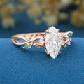 Nature Inspired Marquise Moissanite Engagement Ring Leaf Branch Moss Agate  ring