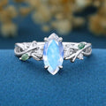 Nature Inspired Marquise Moonstone Engagement Ring Leaf Branch Moss Agarte Bridal