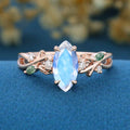 Nature Inspired Marquise Moonstone Engagement Ring Leaf Branch Moss Agarte Bridal