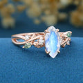Nature Inspired Marquise Moonstone Engagement Ring Leaf Branch Moss Agarte Bridal