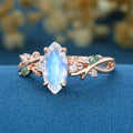 Nature Inspired Marquise Moonstone Engagement Ring Leaf Branch Moss Agarte Bridal