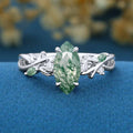 Nature Inspired Marquise Moss Agate Engagement Ring Leaf Branch Moissanite ring