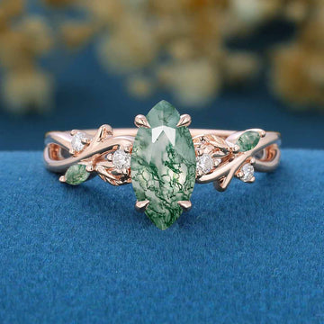 Nature Inspired Marquise Moss Agate Engagement Ring Leaf Branch Moissanite ring