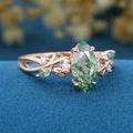 Nature Inspired Marquise Moss Agate Engagement Ring Leaf Branch Moissanite ring