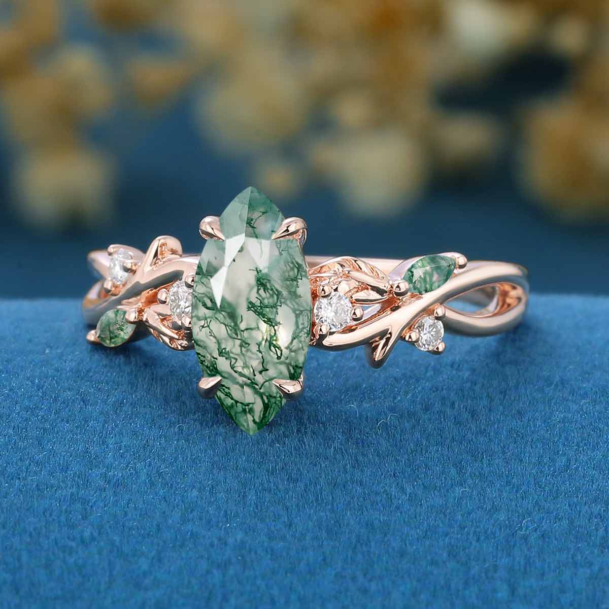 Nature Inspired Marquise Moss Agate Engagement Ring Leaf Branch Moissanite ring