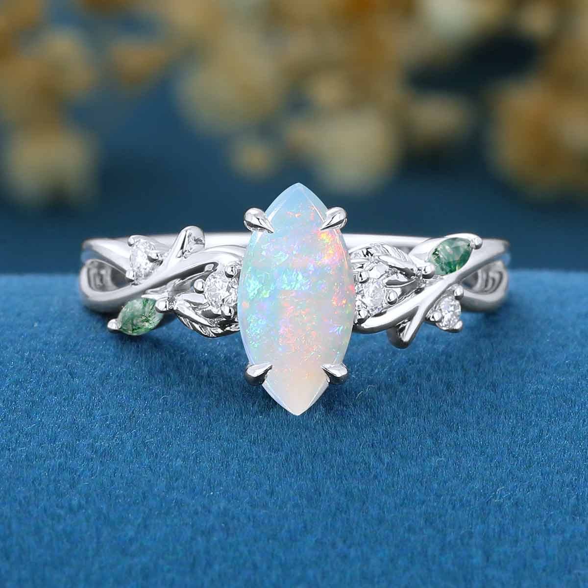 Nature Inspired Marquise Opal Engagement Ring Leaf Branch Moss Agarte Bridal
