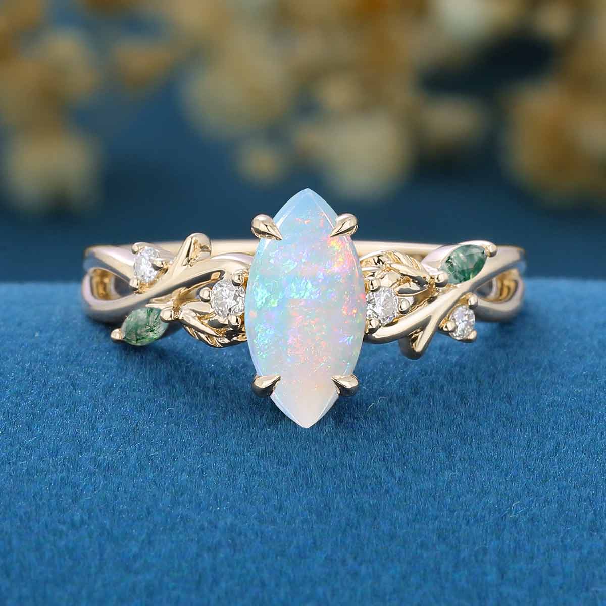 Nature Inspired Marquise Opal Engagement Ring Leaf Branch Moss Agarte Bridal
