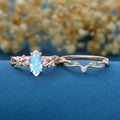Nature Inspired Marquise cut Moonstone Engagement Ring & Moss agate Wedding Bridal Set