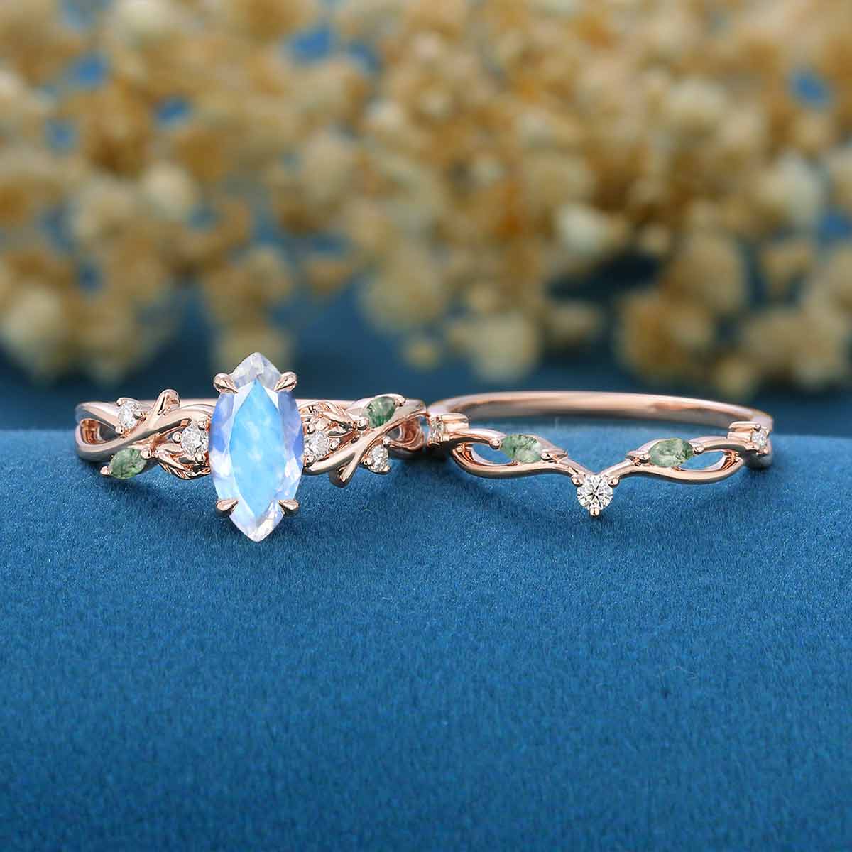 Nature Inspired Marquise cut Moonstone Engagement Ring & Moss agate Wedding Bridal Set