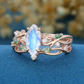 Nature Inspired Marquise cut Moonstone Engagement Ring & Moss agate Wedding Bridal Set