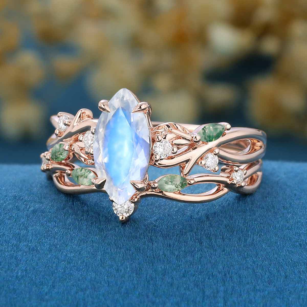 Nature Inspired Marquise cut Moonstone Engagement Ring & Moss agate Wedding Bridal Set