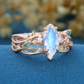 Nature Inspired Marquise cut Moonstone Engagement Ring & Moss agate Wedding Bridal Set