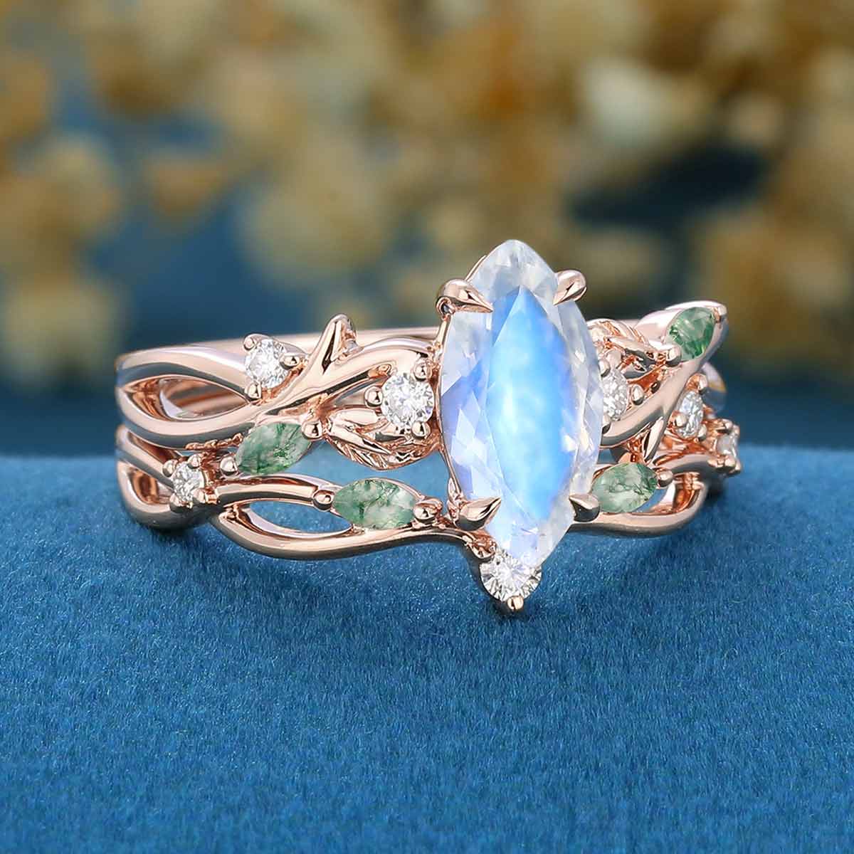 Nature Inspired Marquise cut Moonstone Engagement Ring & Moss agate Wedding Bridal Set