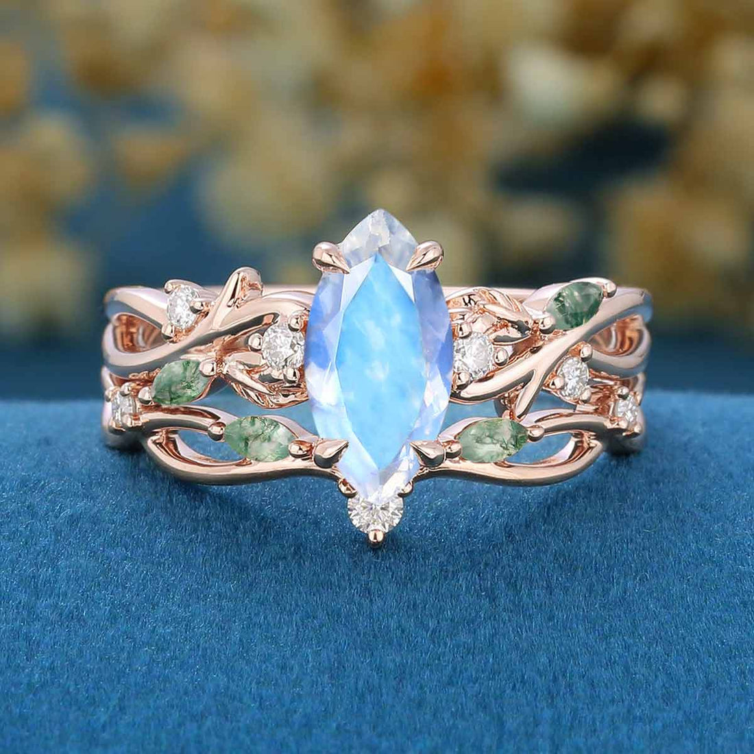 Nature Inspired Marquise cut Moonstone Engagement Ring & Moss agate Wedding Bridal Set