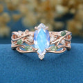 Nature Inspired Marquise cut Moonstone Engagement Ring & Moss agate Wedding Bridal Set
