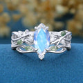 Nature Inspired Marquise cut Moonstone Engagement Ring & Moss agate Wedding Bridal Set