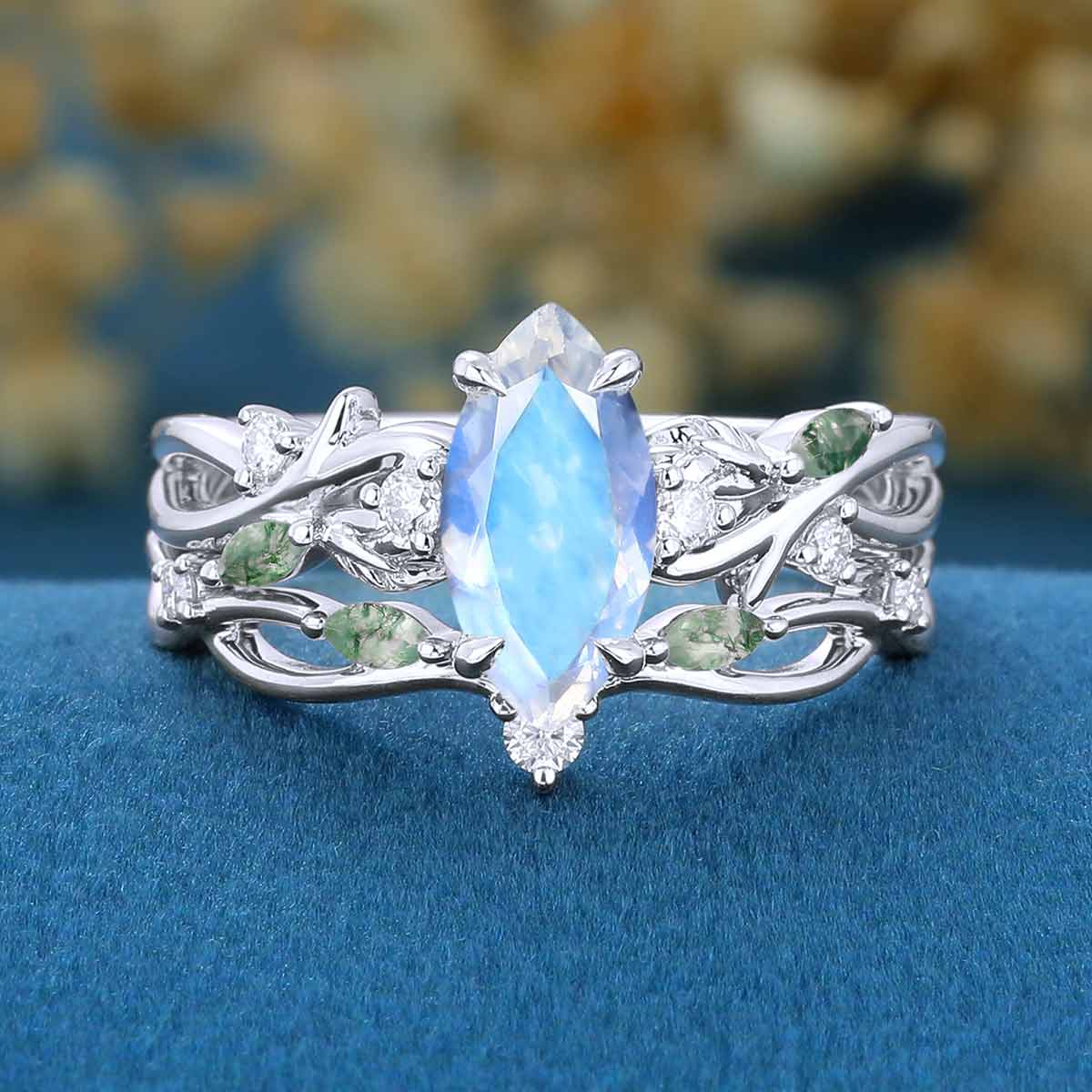 Nature Inspired Marquise cut Moonstone Engagement Ring & Moss agate Wedding Bridal Set