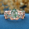 Nature Inspired Oval Cut Moss Agate Engagement ring + Moissanite Wedding Bridal Set