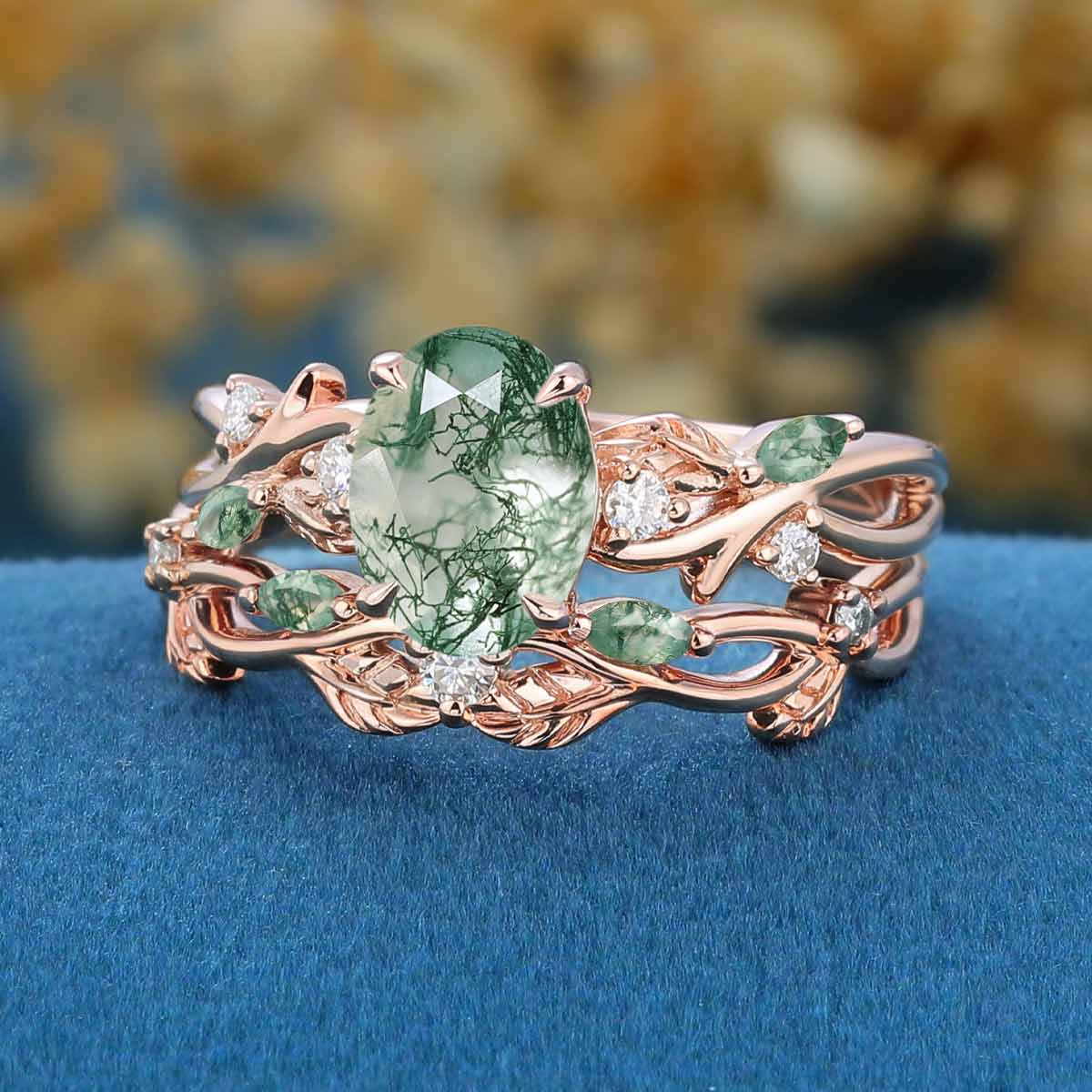 Nature Inspired Oval Cut Moss Agate Engagement ring + Moissanite Wedding Bridal Set