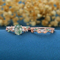 Nature Inspired Oval Cut Moss Agate Engagement ring + Moissanite Wedding Bridal Set