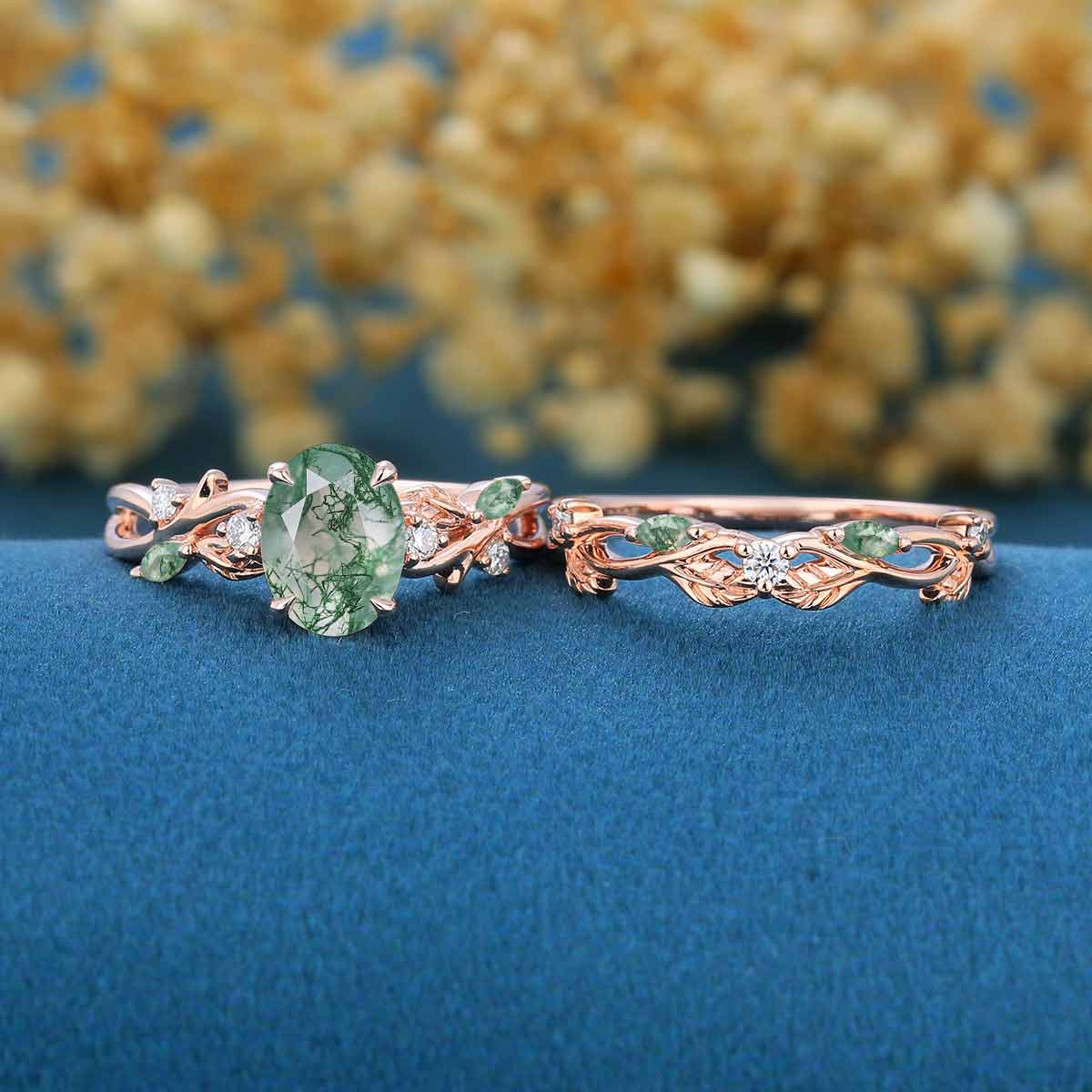 Nature Inspired Oval Cut Moss Agate Engagement ring + Moissanite Wedding Bridal Set