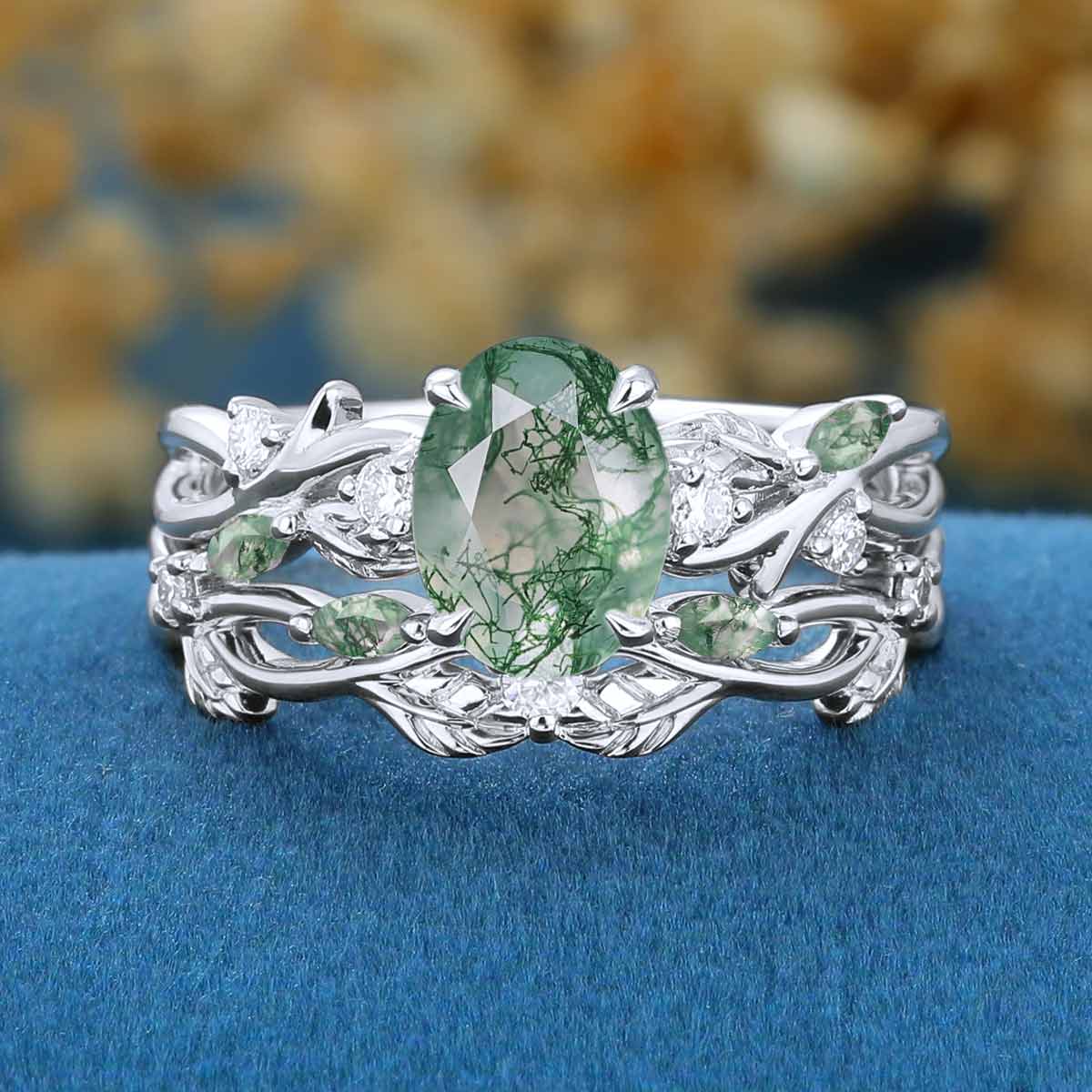Nature Inspired Oval Cut Moss Agate Engagement ring + Moissanite Wedding Bridal Set