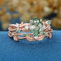 Nature Inspired Oval Cut Moss Agate Engagement ring + Moissanite Wedding Bridal Set