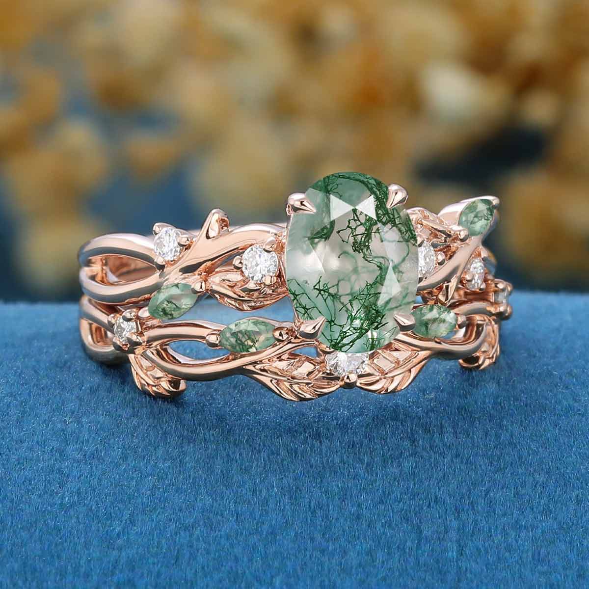 Nature Inspired Oval Cut Moss Agate Engagement ring + Moissanite Wedding Bridal Set