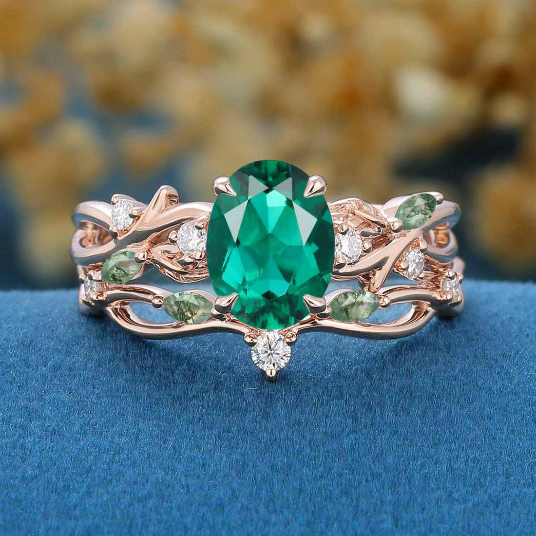 Marquise cut Lab Emerald Engagement Ring & Nature Inspired Moss Agate Wedding Bridal Set (Copy)