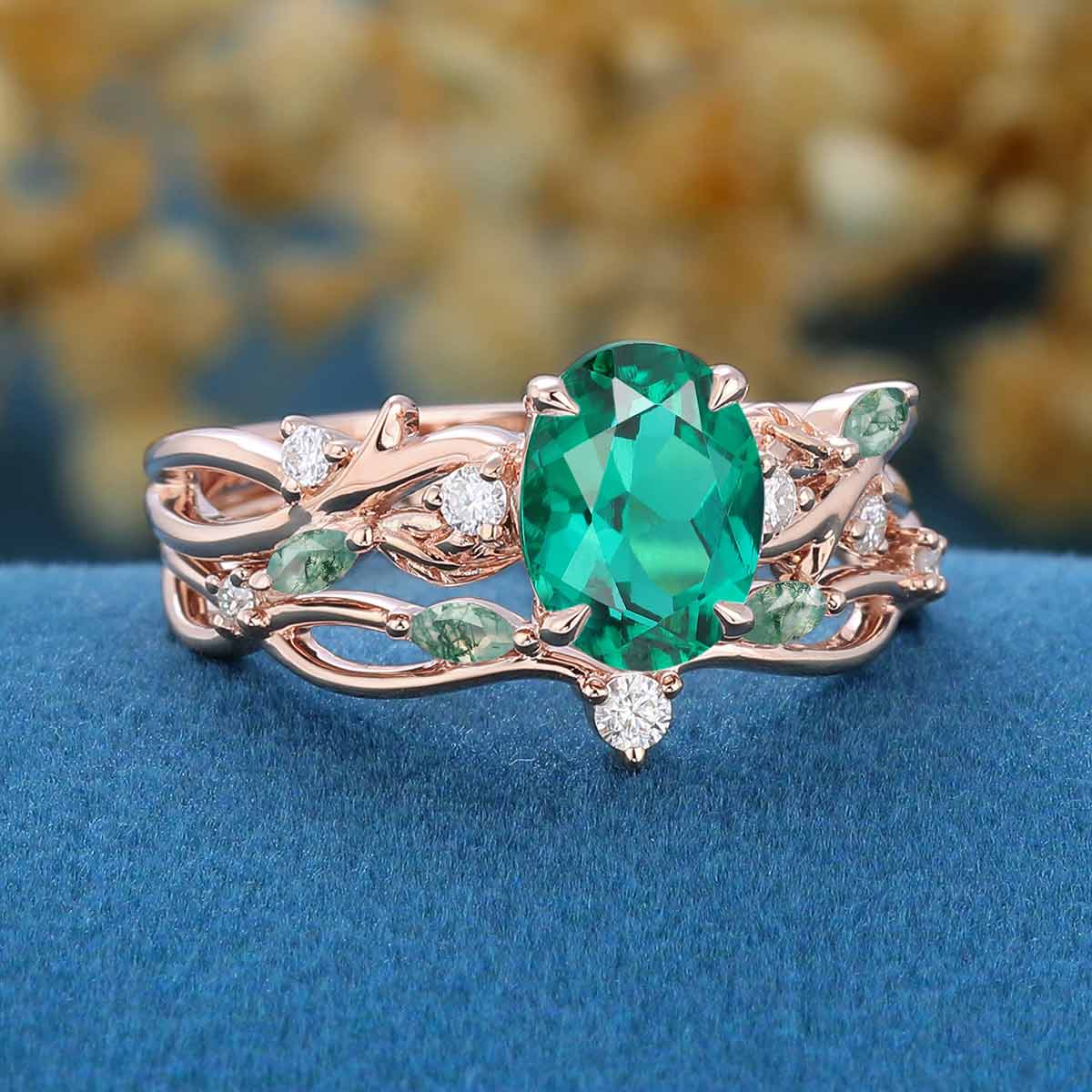 Marquise cut Lab Emerald Engagement Ring & Nature Inspired Moss Agate Wedding Bridal Set (Copy)