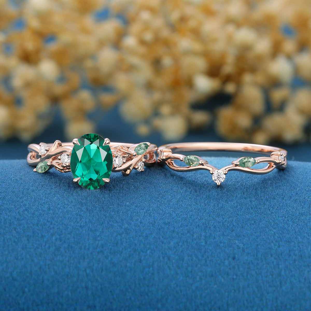Marquise cut Lab Emerald Engagement Ring & Nature Inspired Moss Agate Wedding Bridal Set (Copy)