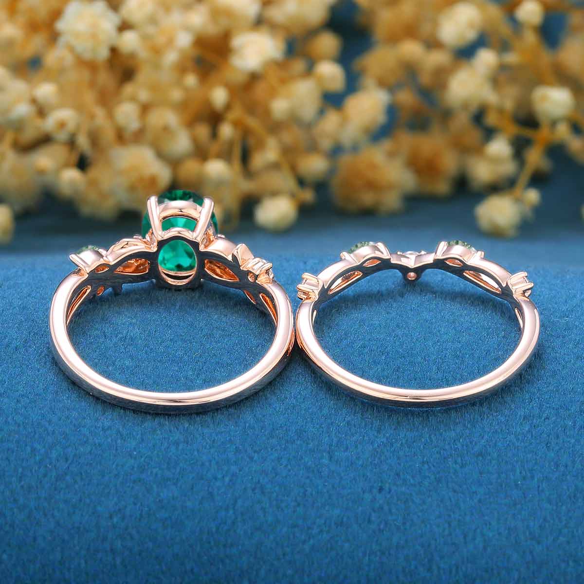 Marquise cut Lab Emerald Engagement Ring & Nature Inspired Moss Agate Wedding Bridal Set (Copy)