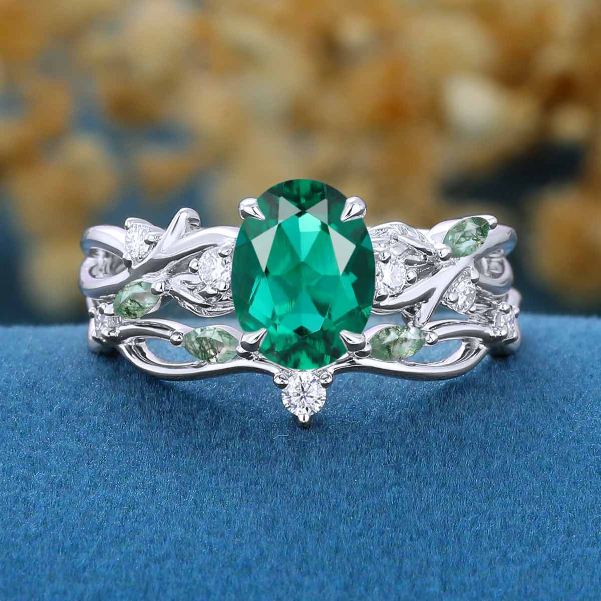 Marquise cut Lab Emerald Engagement Ring & Nature Inspired Moss Agate Wedding Bridal Set (Copy)