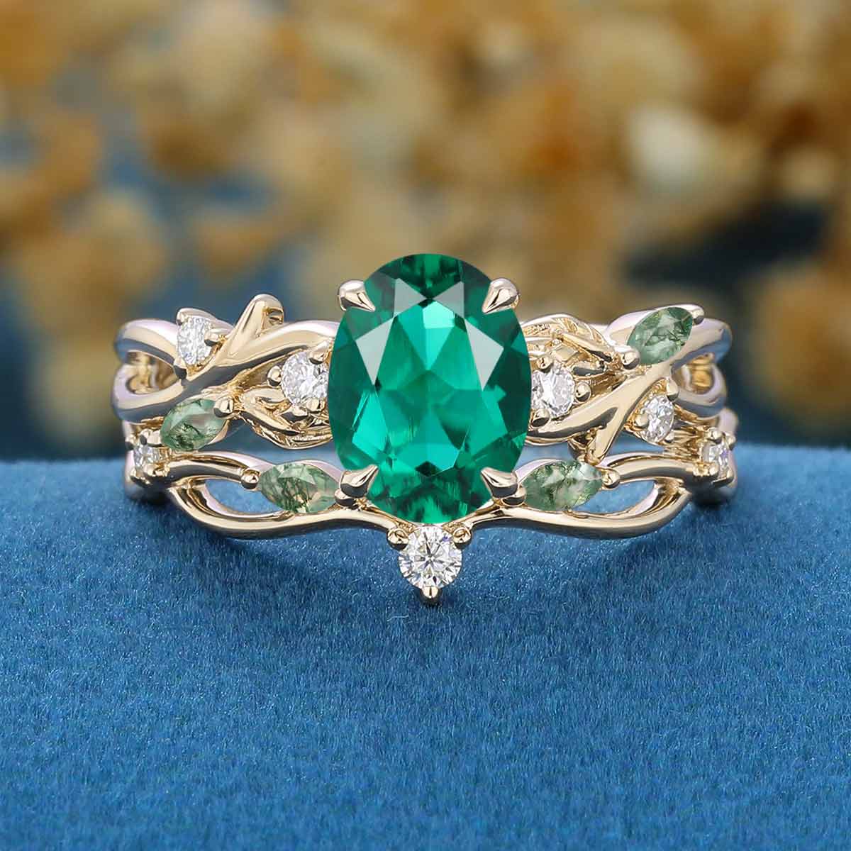 Marquise cut Lab Emerald Engagement Ring & Nature Inspired Moss Agate Wedding Bridal Set (Copy)