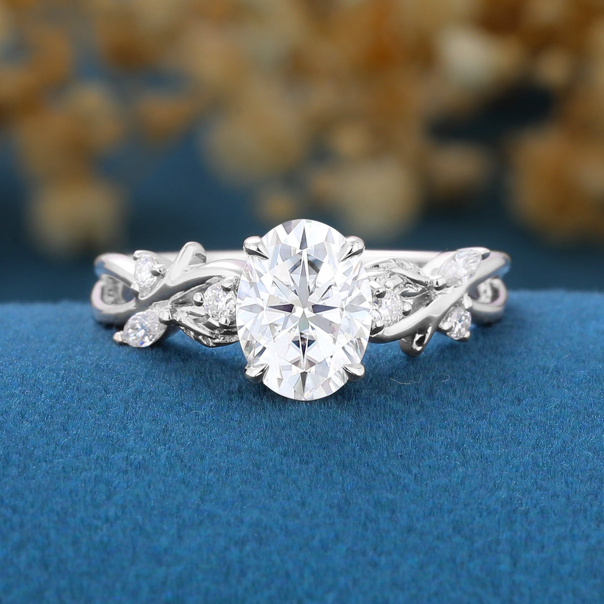 Nature Inspired Oval cut Moissanite Gold Engagement Ring