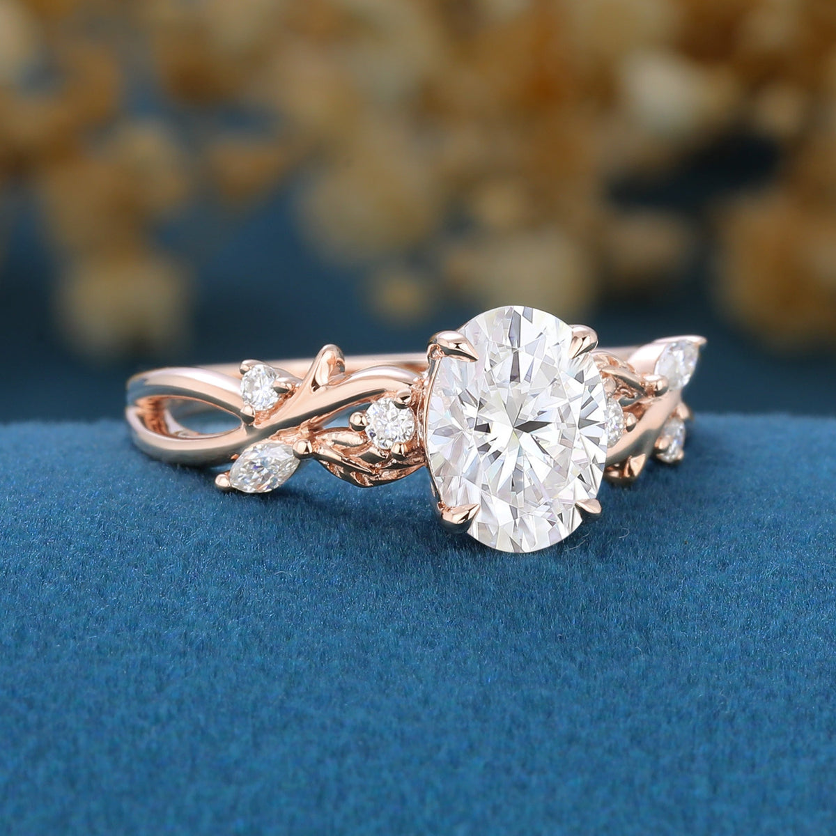 Nature Inspired Oval cut Moissanite Gold Engagement Ring