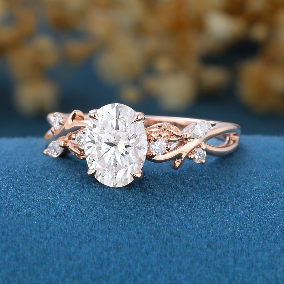 Nature Inspired Oval cut Moissanite Gold Engagement Ring