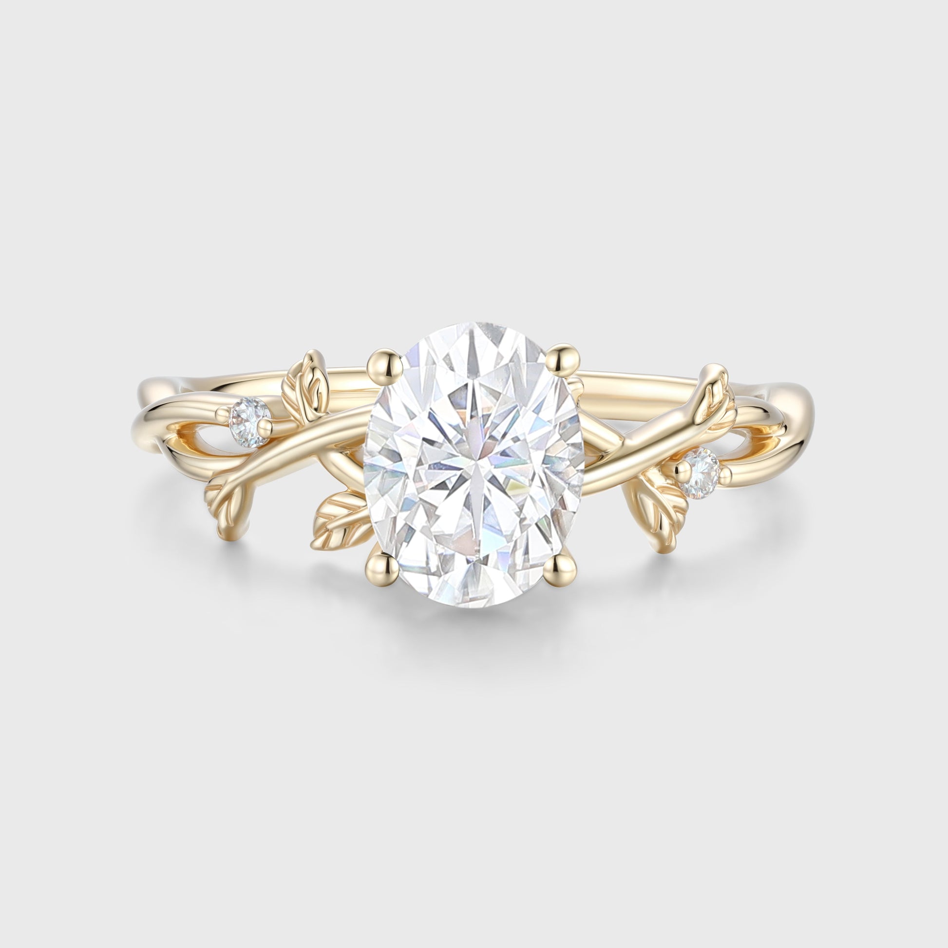 Nature Inspired Oval cut Moissanite Leaf Gold Engagement Ring