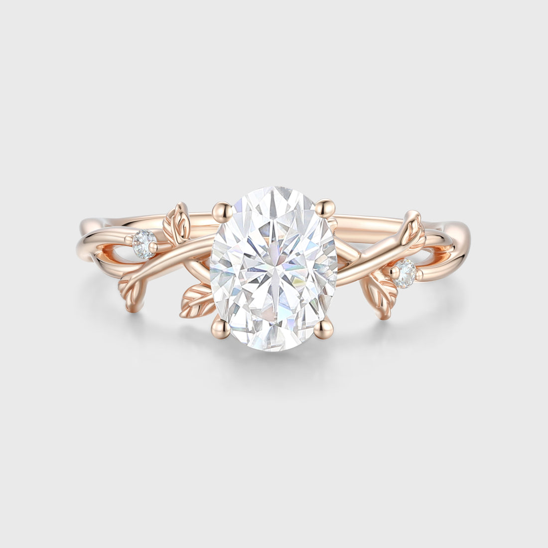 Nature Inspired Oval cut Moissanite Leaf Gold Engagement Ring