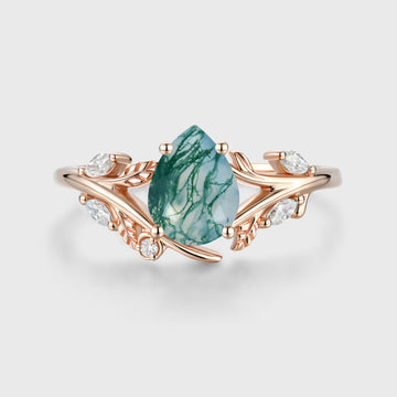 Nature Inspired Pear cut Moss agate Engagement Ring