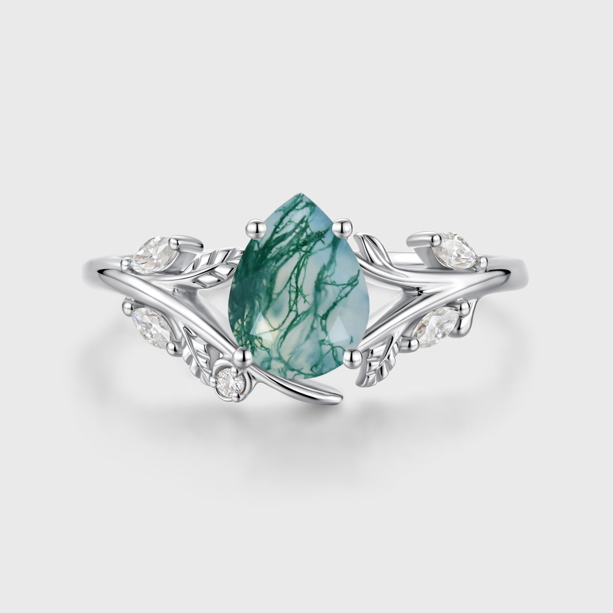 Nature Inspired Pear cut Moss agate Engagement Ring
